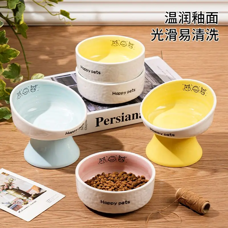 High Footed Food Ceramic Pet Bowl Drinking Water Anti Black Chin Rice Protect Cervical Spine Dog Cat Bowl Prevent Tipping Over