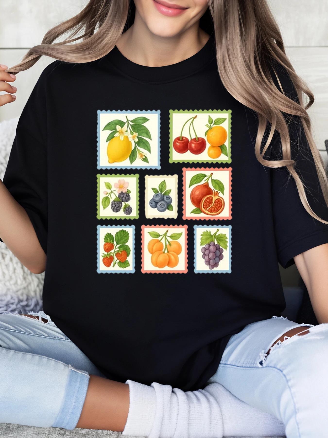 

Fruit Patchwork Print T-Shirt Summer Women Casual Wear Outdoors Black Plus-Size