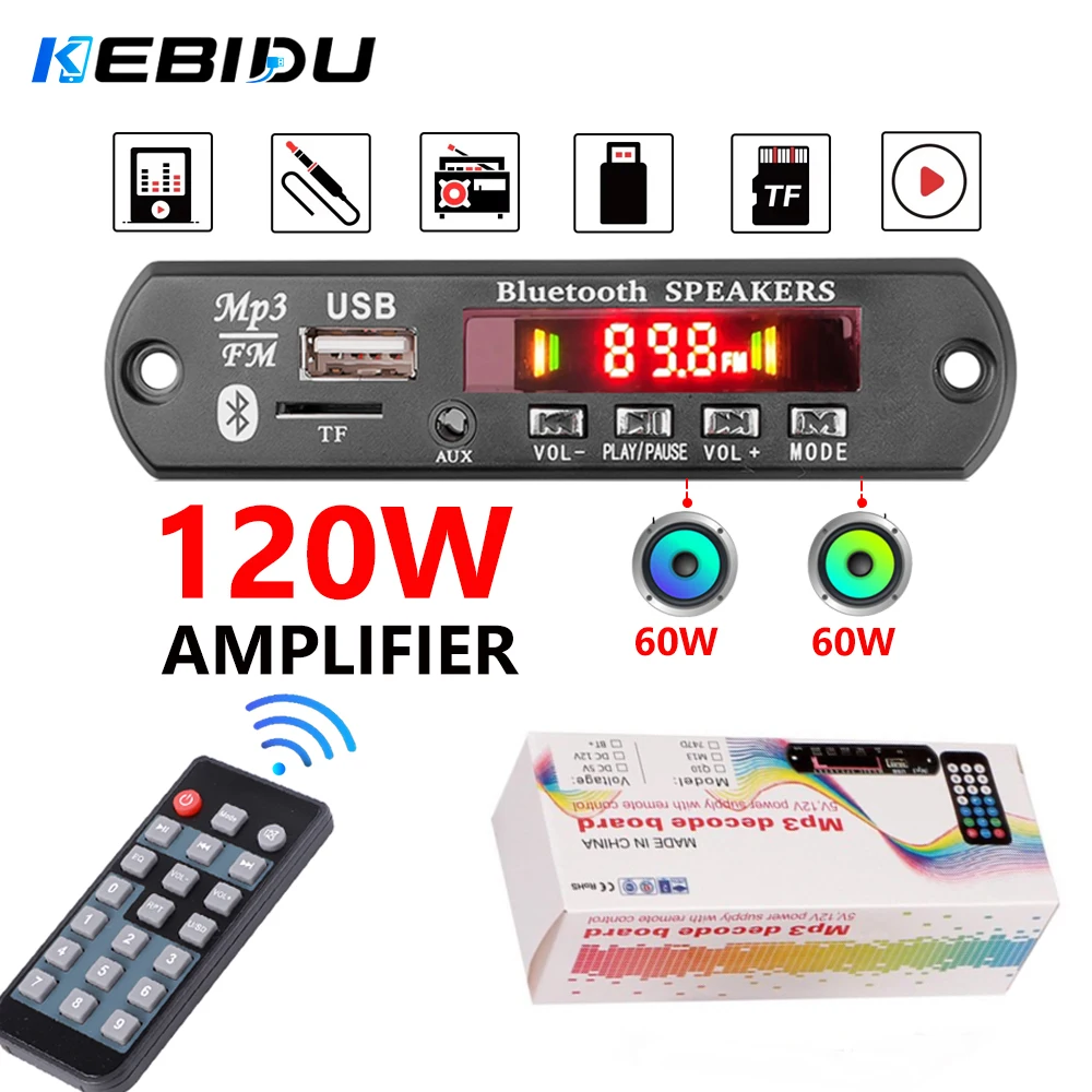 KEBIDU Amplificatore 120W con Bluetooth, Lettore MP3 Wireless per Auto, Scheda Decoder WAV, Lettore Musicale DC 12V, Modulo Radio FM per Auto e Casa