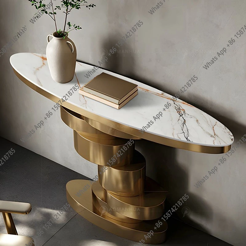 

Итальянский дизайнерский столик для прихожей в стиле лайт-люкс, скандинавский современный минималистичный дизайн, из нержавеющей стали и каменной плиты, креативный дизайн для прихожей.