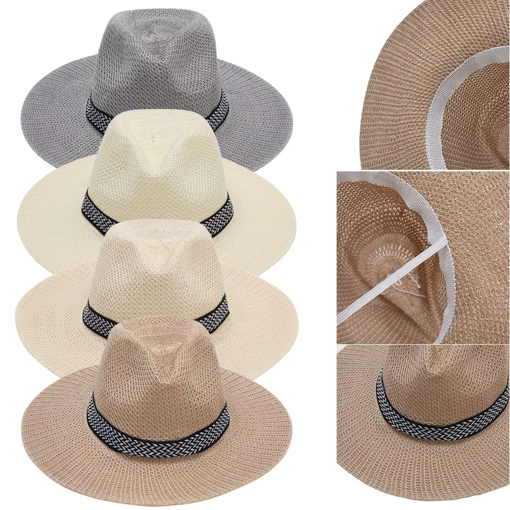 Summer Straw Hat Men Women Beach Hat Jazz Panama Fedora Wide Brim Sun Protection Cap Travel Leisure