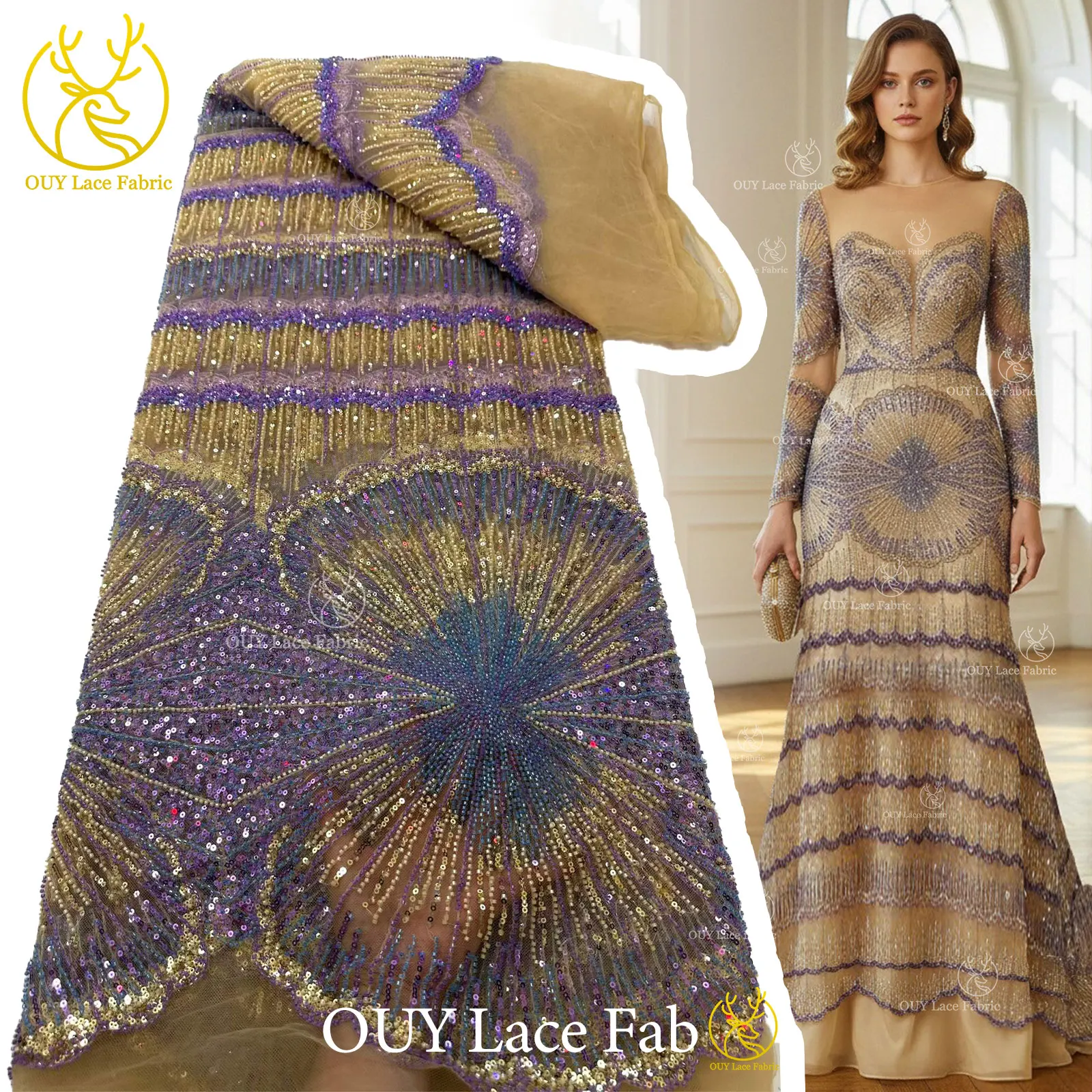 

Luxury Gold Purple African Beaded Sequins Lace Fabric 5 Yards Exquisite French Nigerian Tulle Lace Fabric Evening Wedding Dress