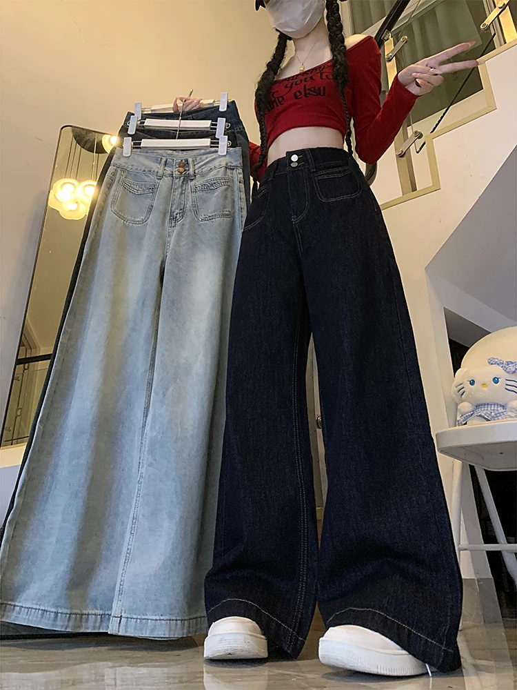 กางเกงยีนส์ทรงตรงเอวสูง ขากว้าง ทรงหลวม ช่วยให้ดูผอม กางเกงยีนส์ขายาวทรงหลวมสไตล์ฮ่องกงสำหรับผู้หญิง