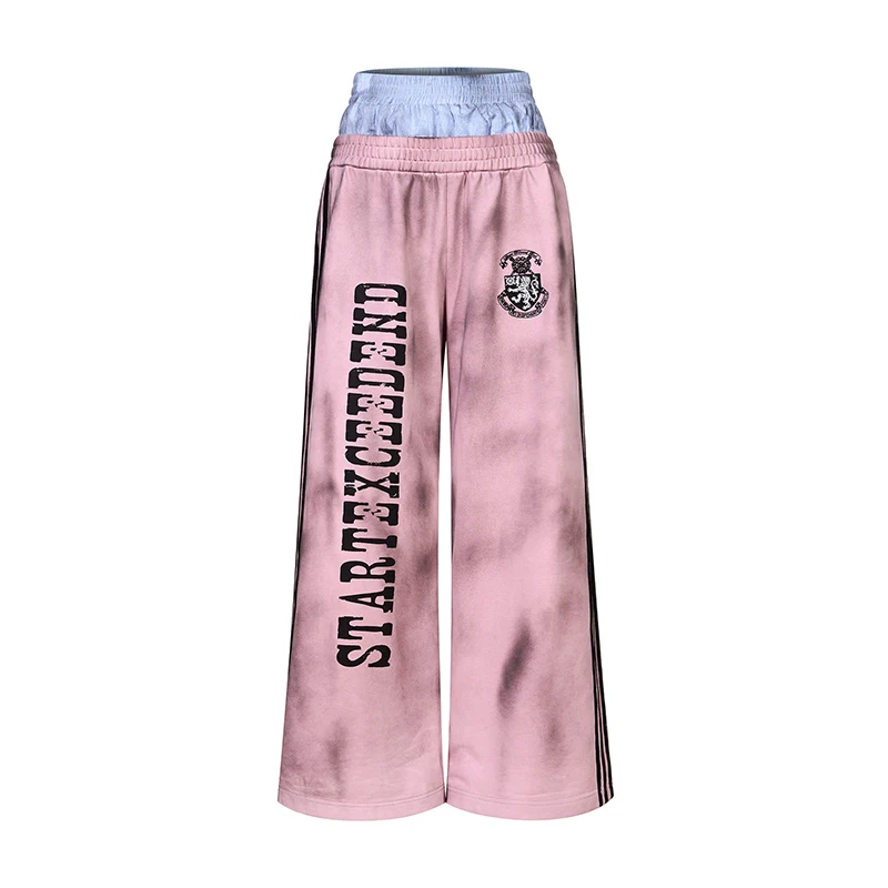 LUZHEN Fashion Personalized Splicing High Waist Straight Sports Casual Pants Men's 2025 Printed Stripe Wide Leg Trousers JY4552