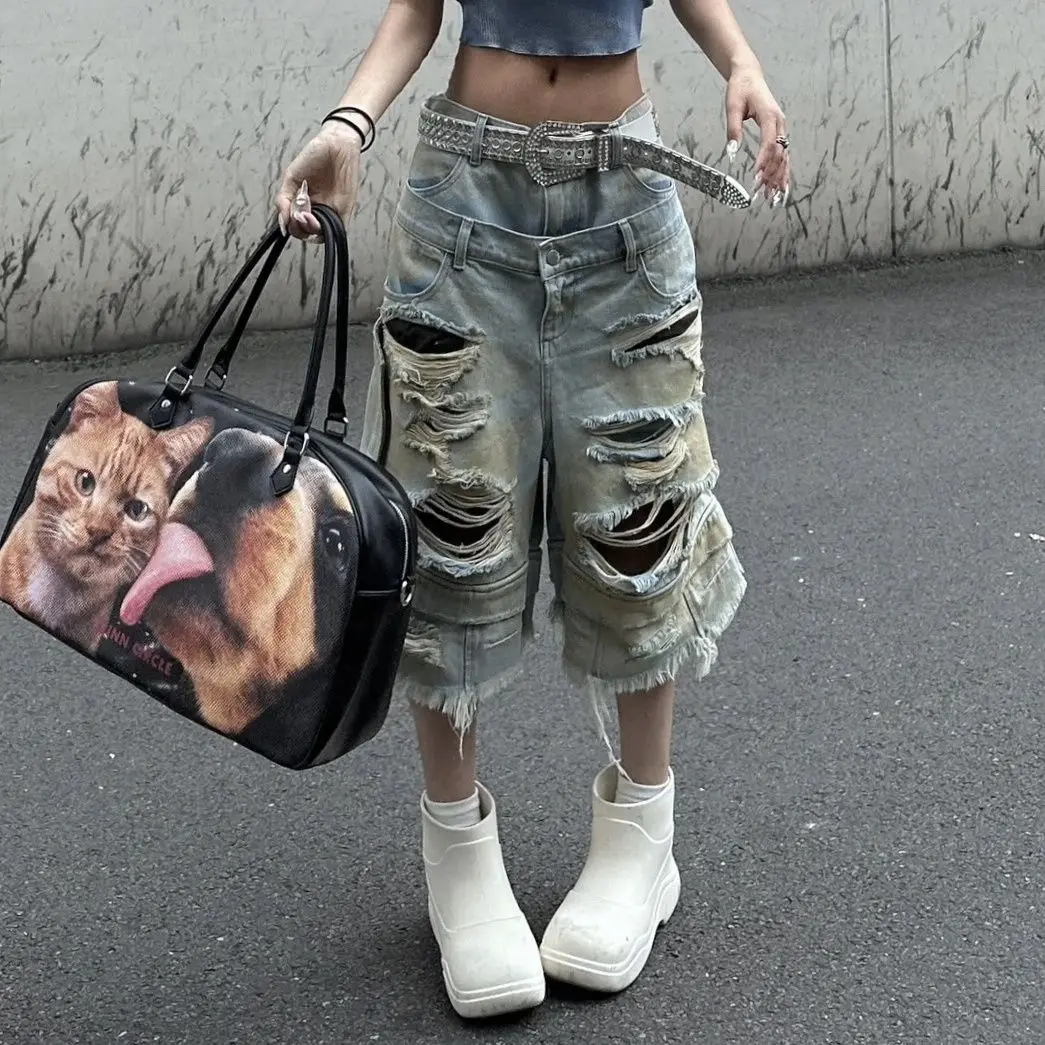 Celana Pendek Denim Tua Robek Amerika Dicuci Jeans Longgar Celana Jeans Longgar Lurus Jalanan Wanita Celana Kaki Lebar