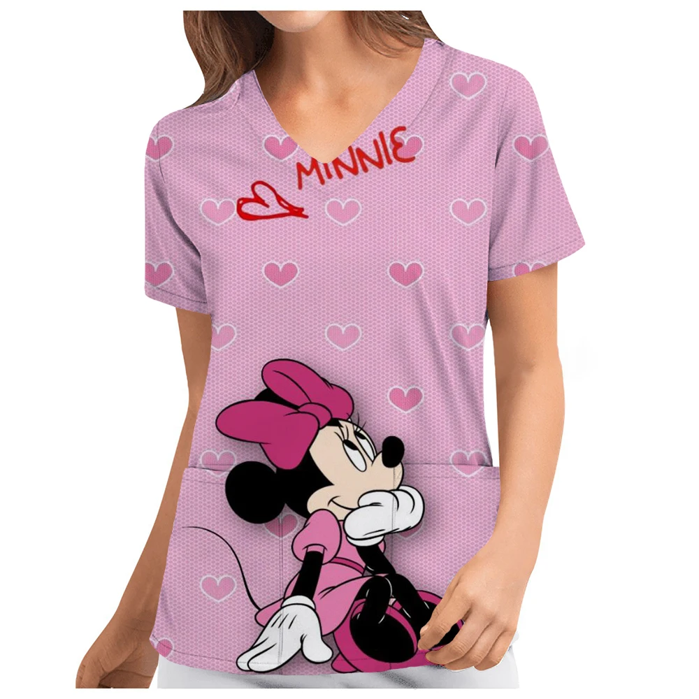 Miniso Disney Mickey Mouse Nurse Medical Uniforms V-neck Short Sleeve Pocket Workwear Top Scrubs Medical Accessories Uniform