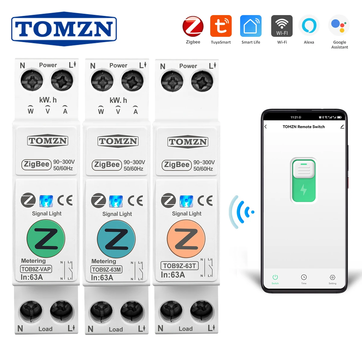 TOMZN Zigbee 63A 1P+N מתג חכם WIFI מונה אנרגיה Kwh מדידת מעקב מפסק מעגל טיימר רלה MCB TUYA smartlife