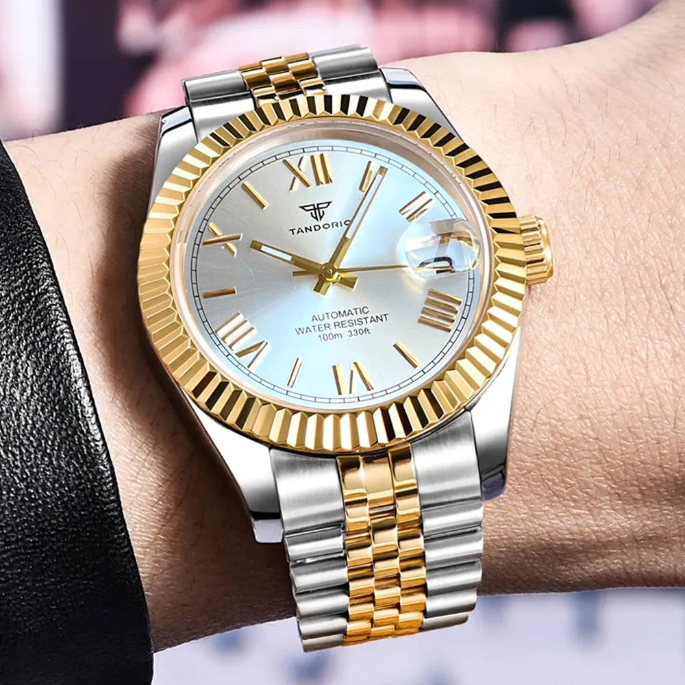 Tandorio 200m Dive 36mm 39mm Silver Dial Gold Roman Numbers NH35 Automatic Men Watch Stainless Steel Strap Sapphire Slide Buckle