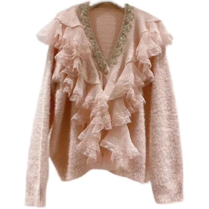 Women V-neck Lace Stitching Ruffles Knitted Fuzzy Cardigans Rhinestone Beaded Mink Cashmere Sweater Coat Pearls Mohair Crop Tops