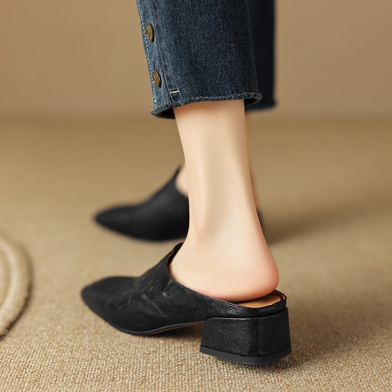 2023 Office Lady Casual Women Pumps Mules Square Toe Thick Heels Slippers Genuine Leather Sandals Shoes Woman Concise Fashion