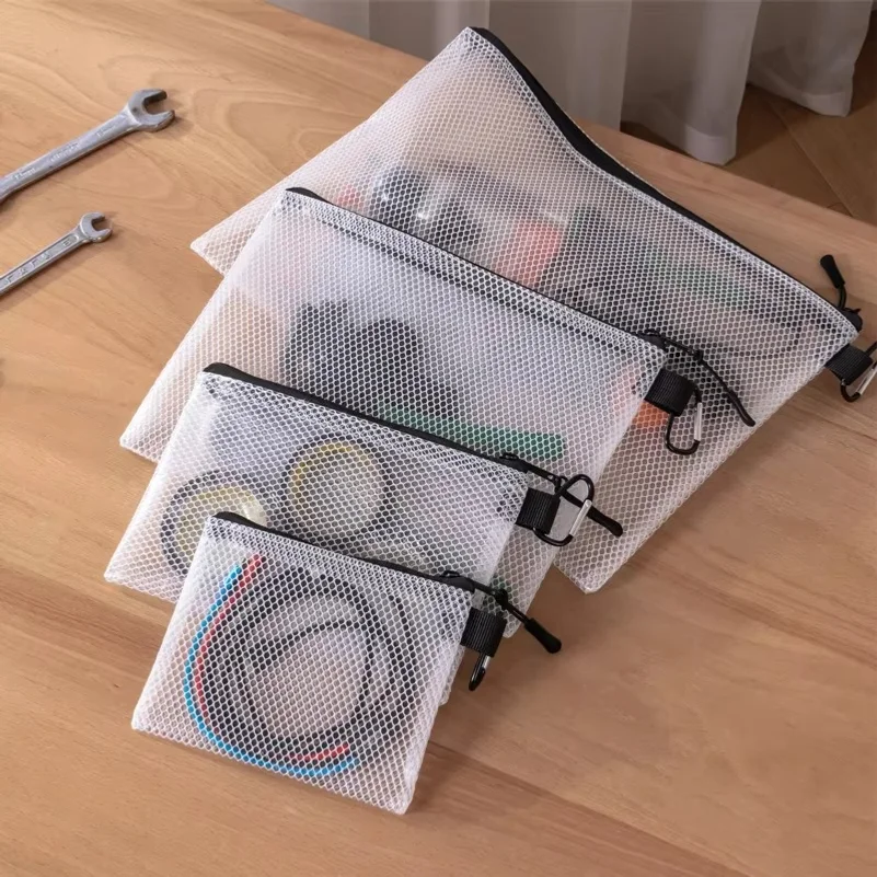 White Transparent Visible Mesh Storage Bags Waterproof Durable Multi Sizes Zipper Pouch for Electrician Travel Daily Accessories