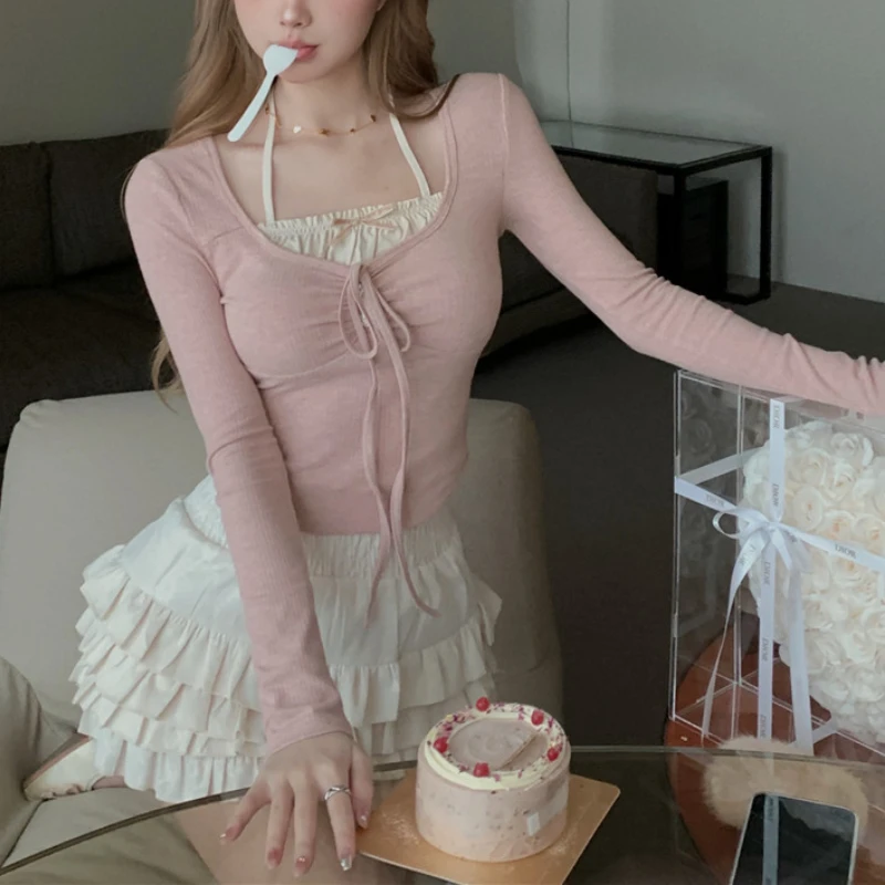 Vintage Korean Retro High Street Fake 2 Pieces Retro T-shirt + Cake Skirt Suit 2 Pieces Sets Y2k Suit Cute