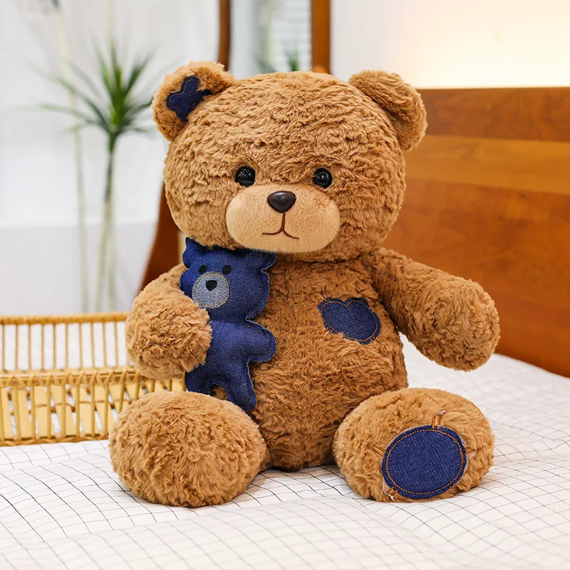 

Cute Patchwork Teddy Bear Hugging Plush Stuffed Animals Toy Soft Pillow Room Sofa Decoration Cushion Sleep Companion Plush Doll