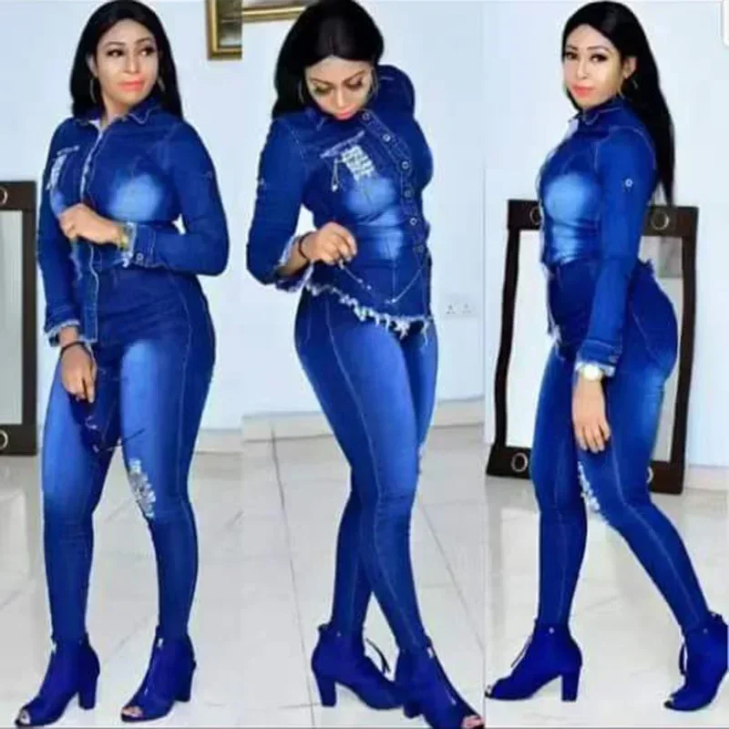 

Casual Denim 2 Piece Set Jeans Suit Women Blue Long Sleeve Jeans Jacket Long Pants Slim Tracksuit Outfits Spring Autumn