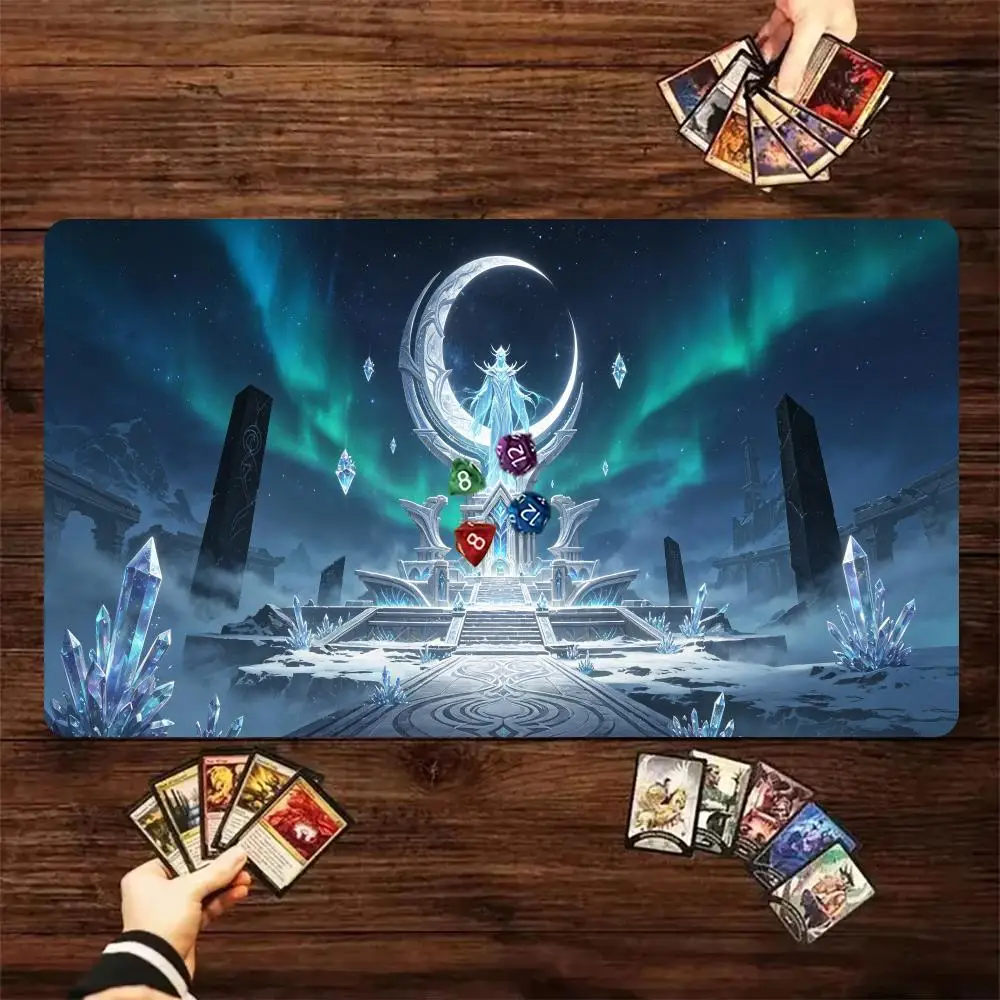 60X35cm Aurora Moon Goddess Ice Crystal Temple Play mat  Non-Slip Rubber Base Stitched Edges Desk mat For TCG Card Game