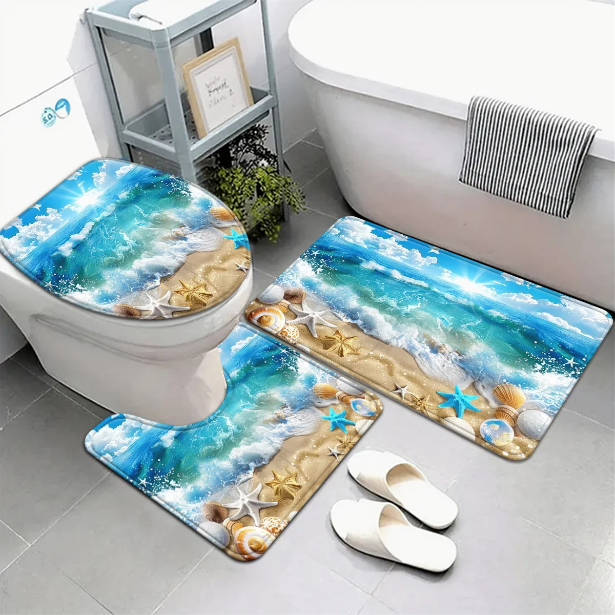 Beach Scene Bath Mat Set for Bathroom Decor Coastal Ocean Stepping Rugs 3 Piece Vanity Mat