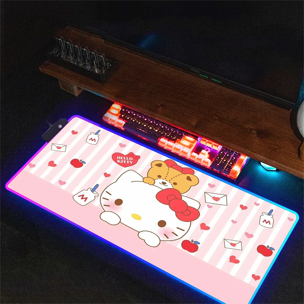 

Hot Sanrios Lovely Hello Kitty RGB Pc Gamer Keyboard Mouse Pad Mousepad LED Glowing Mouse Mats Rubber Gaming Computer Mausepad