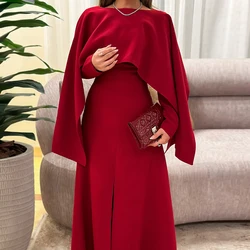 Classic Boat Neck Front Slit Pleats Evening Dress 2024 Red Jersey Long Sleeves Floor Length Straight Bespoke Occasion Gown Dubai