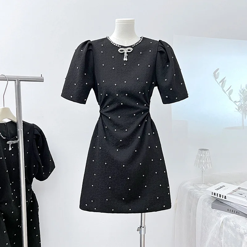 

Women French Small Fragrance Bow Collar Dress Summer New Hollow Sweet Birthday Party White Black Beaded Hip Female Short Dress