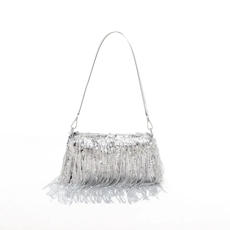 Bag, women's shiny sequin tassel armpit bag, French stick bag, socialite style banquet bag