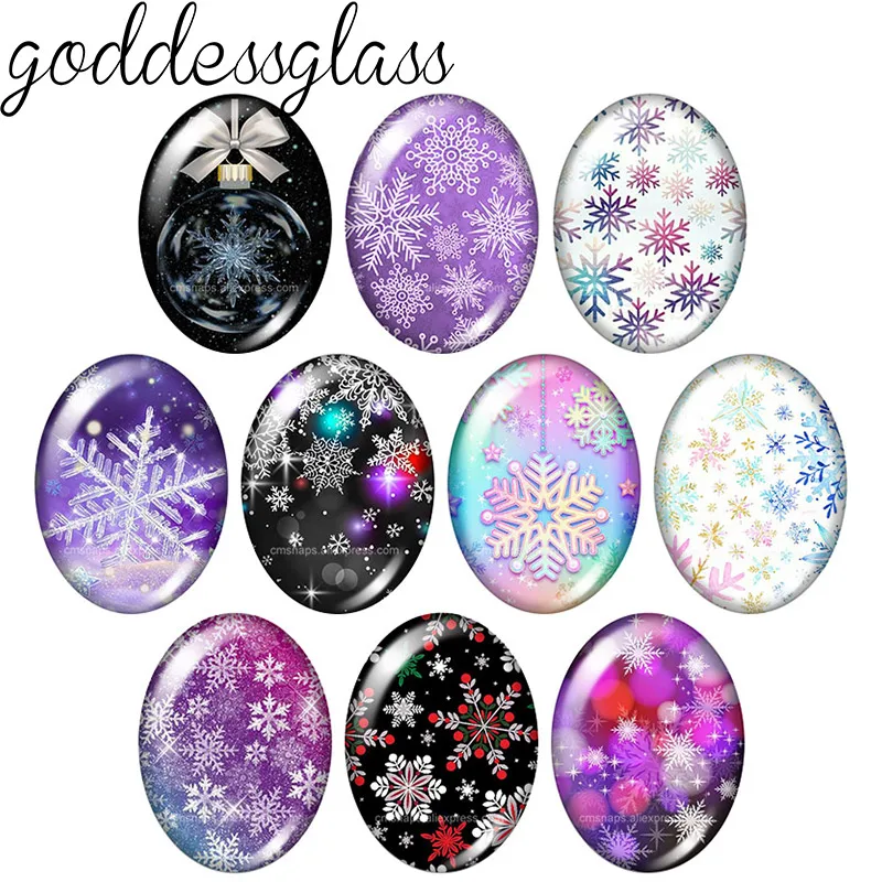 New Winter Snowflake Beauty Christmas snow10pcs 13x18mm/18x25mm/30x40mm Oval photo glass cabochon demo flat back Making findings