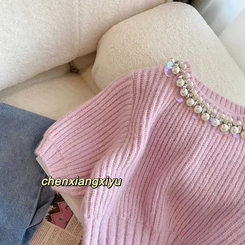 KUSAHIKI Pink Elegant Sweater Women 2024 Spring Fashion Beads O-neck Pullover Knitwear Causal Short Sleeve Korean Knitted Tops