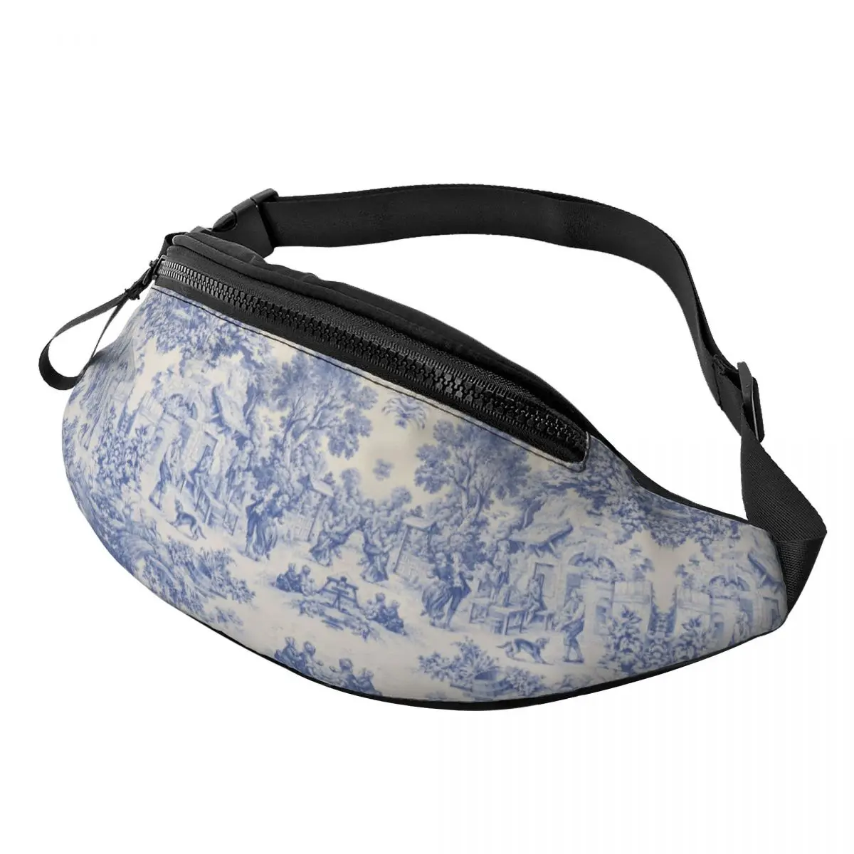 Casual Vintage Classic French Toile De Jouy Navy Blue Motif Pattern Fanny Pack Crossbody Waist Bag for Traveling Money Pouch