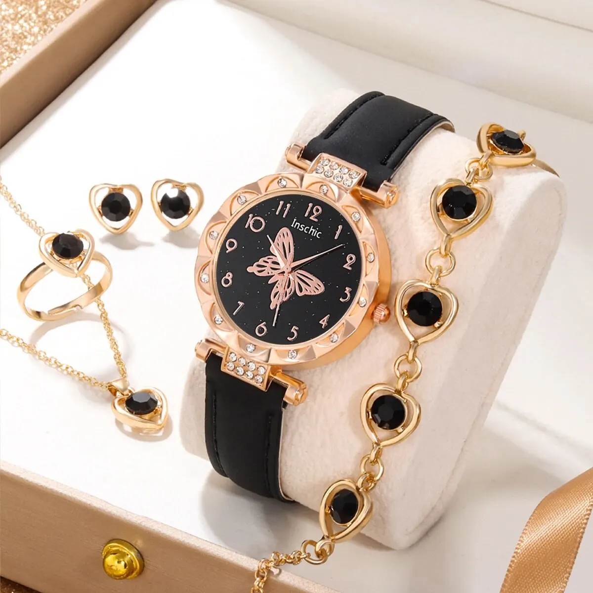 6ps Ladies Fashion Casual Star Butterfly Digital Rhinestone Belt Quartz Watch Powder Crystal Necklace Earrings Bracelet Gift Set