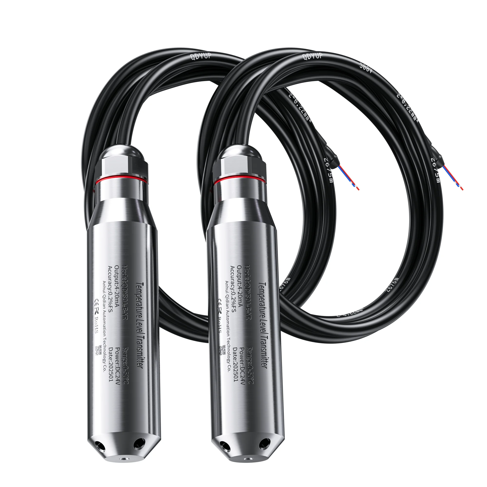 DC24V Power 4-20mA Temperature Level Sensor 0-50℃ 500M IP68 Submersible Water Level Sensor for Fuel/Oil/Diesel/Water Tanks