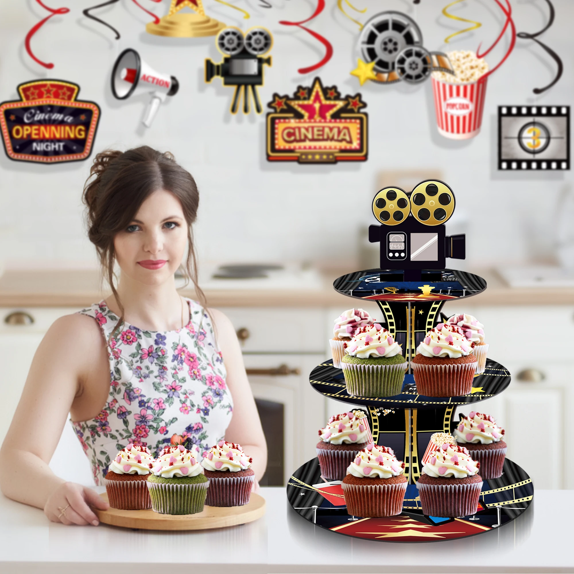 3-poziomowy stojak na ciasto Hollywood Cinema Festival Showing Movie Time Showing Cupcake Rack Holder Birthday Party Cake Tray Decor