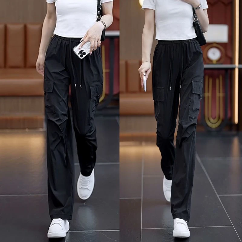 Cool Sensation Quick Dry Wide Leg Workwear Pants Women Summer Thin Straight Cut Loose Casual Trousers Asymmetrical High Waist...