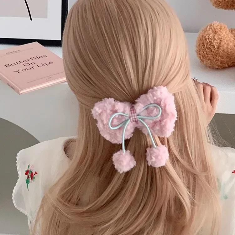 Korean Style Plush Bow Hair Clip Headwear Bangs Side Clip Top Barrette Japanese Style Hair Accessories Cherry Duckbill Clip