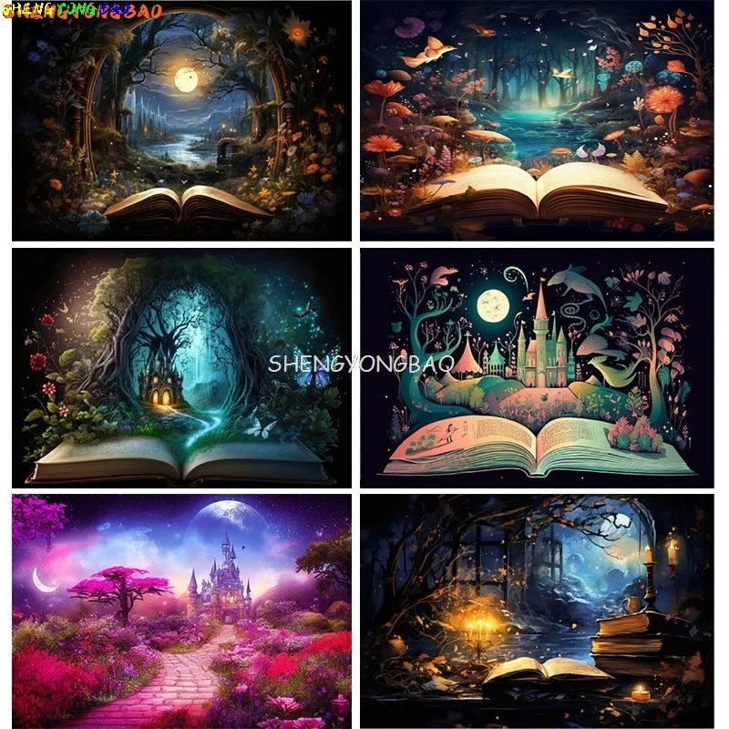 

Fantasy Fairytale Photography Backdrops Pink Rose Open Magical Book With Fantasy Landscape Forest Photo Studio Background TS-01
