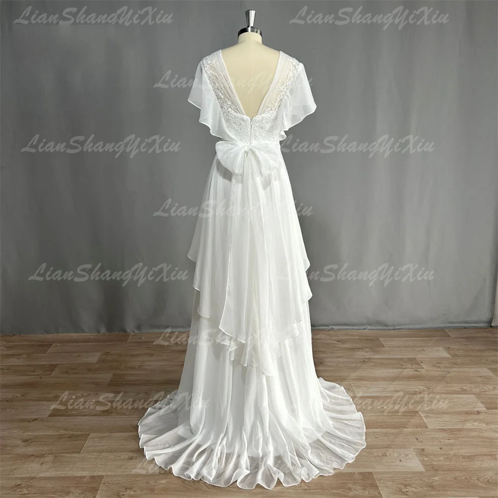 Robe de mariée en mousseline de soie à col en V Boho personnalisée, ligne A, manches courtes, dos nu, longueur au sol, volants, patients de plage, quel que soit Bohème