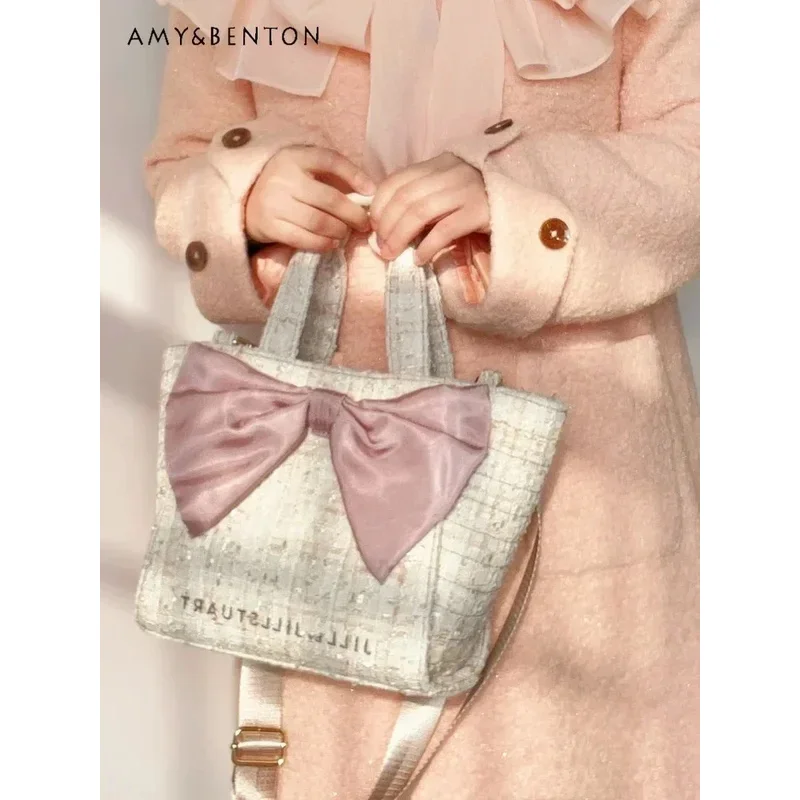 25COSJapanese Jill Bow Decorative Handbag Women Girly Versatile Messenger Bag Sweet Cute Canvas Bag Graceful Trendy Handbag Stud