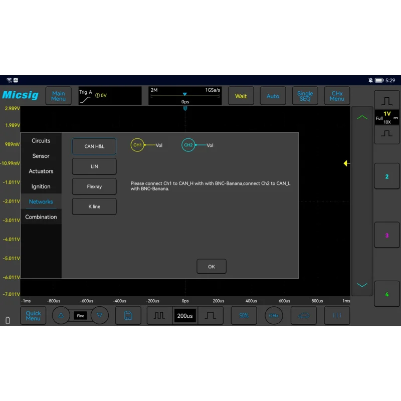 MICSIG VATO2004 VTO2004 4 Channel USB Oscilloscope 200MHz 1GSa/s Sampling Memory 50Mpts Automotive Diagnostic Oscilloscope