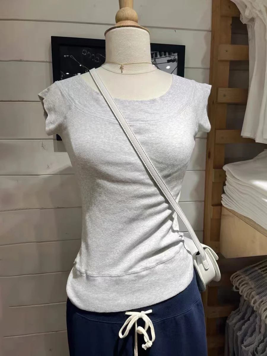 

Gray Cotton Slim Short Sleeve Tees Women Summer Sexy Scoop Neck Ribbed Basic T-shirts Preppy Style Sweet Simple Casual Tshirts
