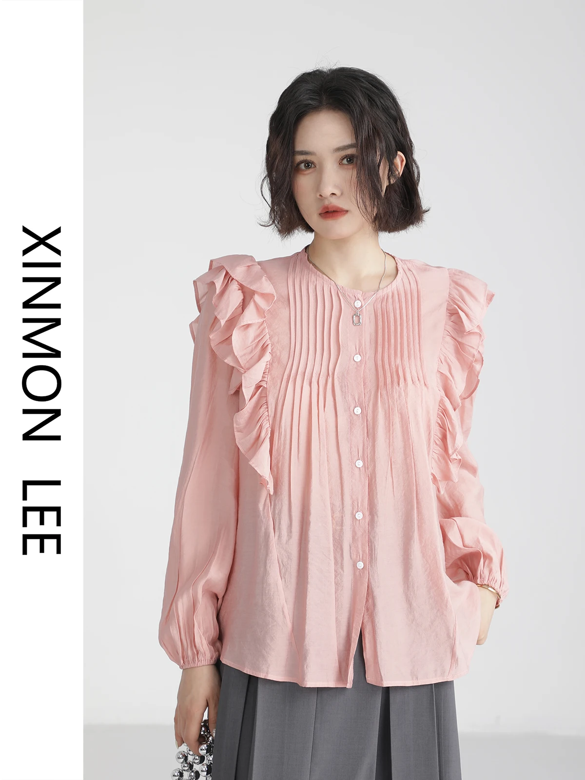 

Женская блузка Ele Long Sleeve с красивой кружевной отделкой, на пуговицах, с круглым вырезом, прямого кроя, для весны и осени, в стиле Xinmon Commute