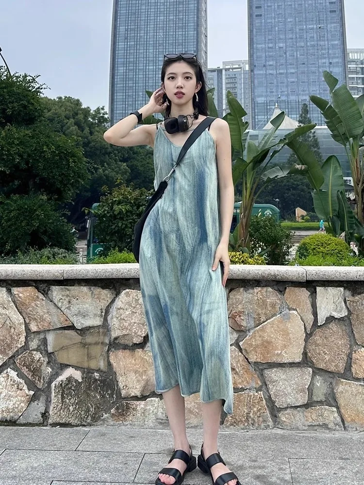 Elegant Tie-Dye Off-Shoulder Maxi Dress Women's Summer Loose Bohemian Style Beach Vacation Gown Artistic Vintage A-Line Dress