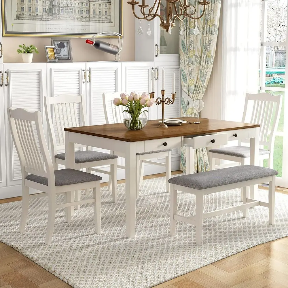 

6-Piece Solid Wood Dining Set with 4 Upholstered Chairs and Bench, Rustic Style, White