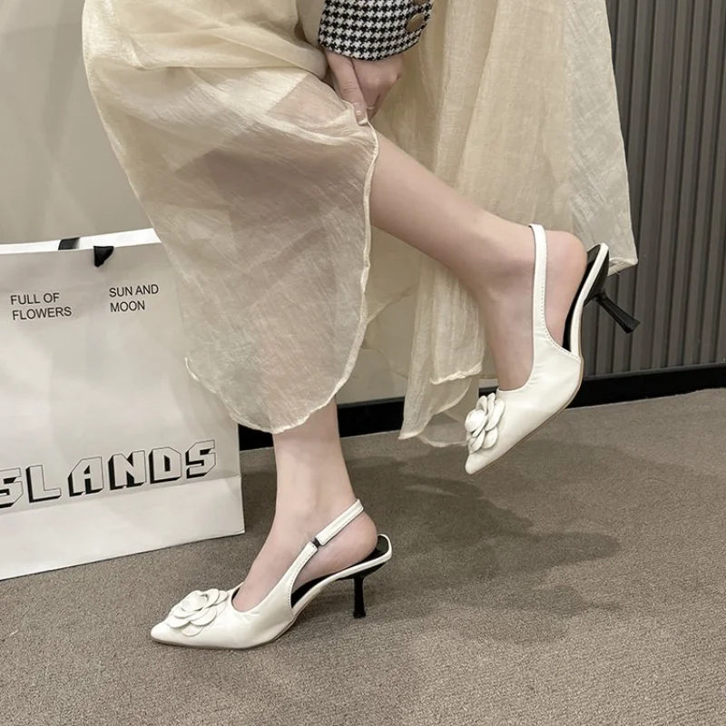 Women Flower Pointed Toe Adjustable Slingback Heels, Slim Black Contrast Cone Kitten Heel Sandals,Wedding Office Dress Pumps