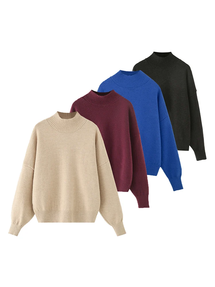 

European style new women's fashion versatile and elegant solid color stand collar long sleeve loose knit sweater
