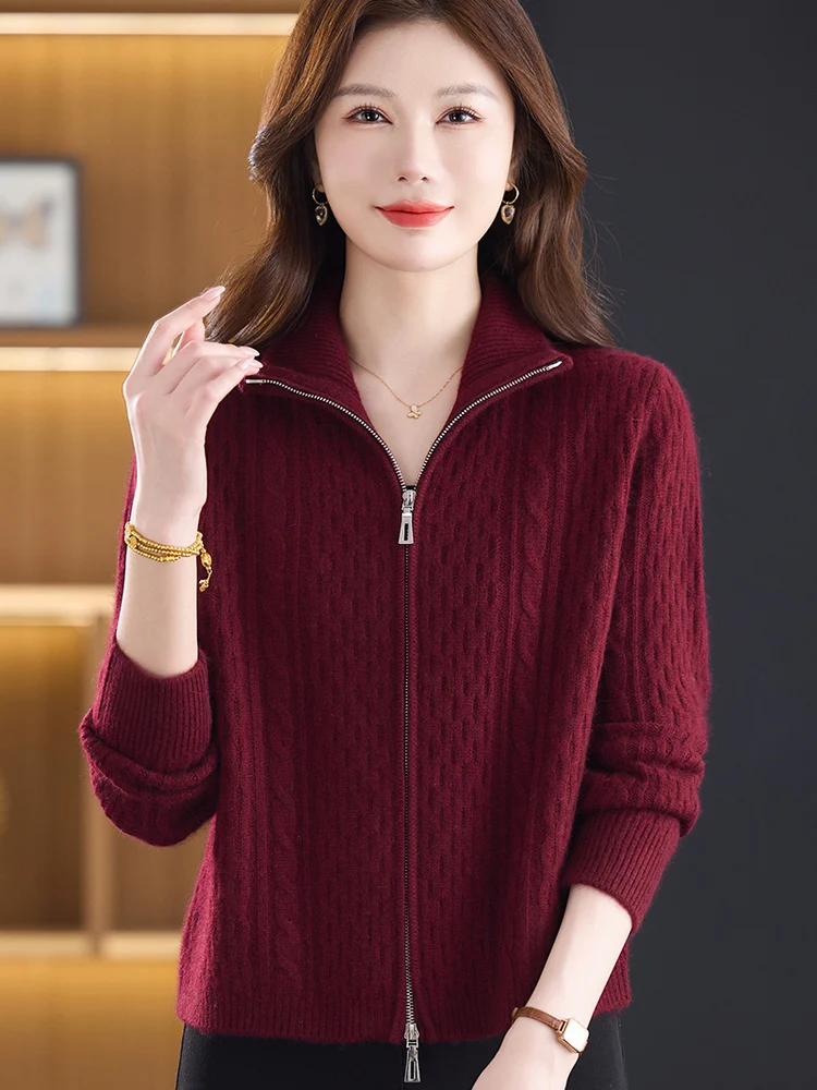 

Thiened Zipper Knitted Open Cardigan Women's Warmth Sle Mid-Aged And ly Autumn Winter ort Coat Mom's Faion
