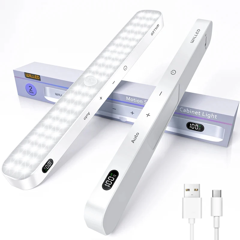 

Motion Sensor Cabinet Light Battery Display 60 LED Touch Light Bar Wireless Rechargeable Battery Night Light