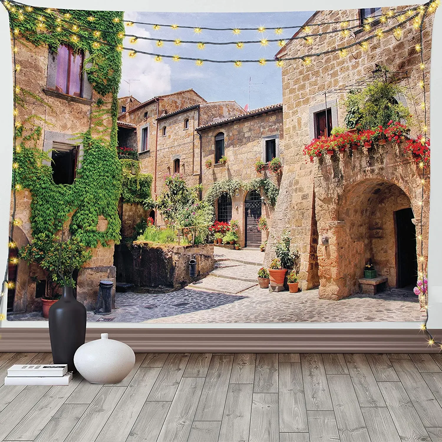 Vintage Street Landscape Tapestry Italian Roman Old Courtyard Rustic Stone House Modern Retro Wall Hanging Living Room Dorm Deco