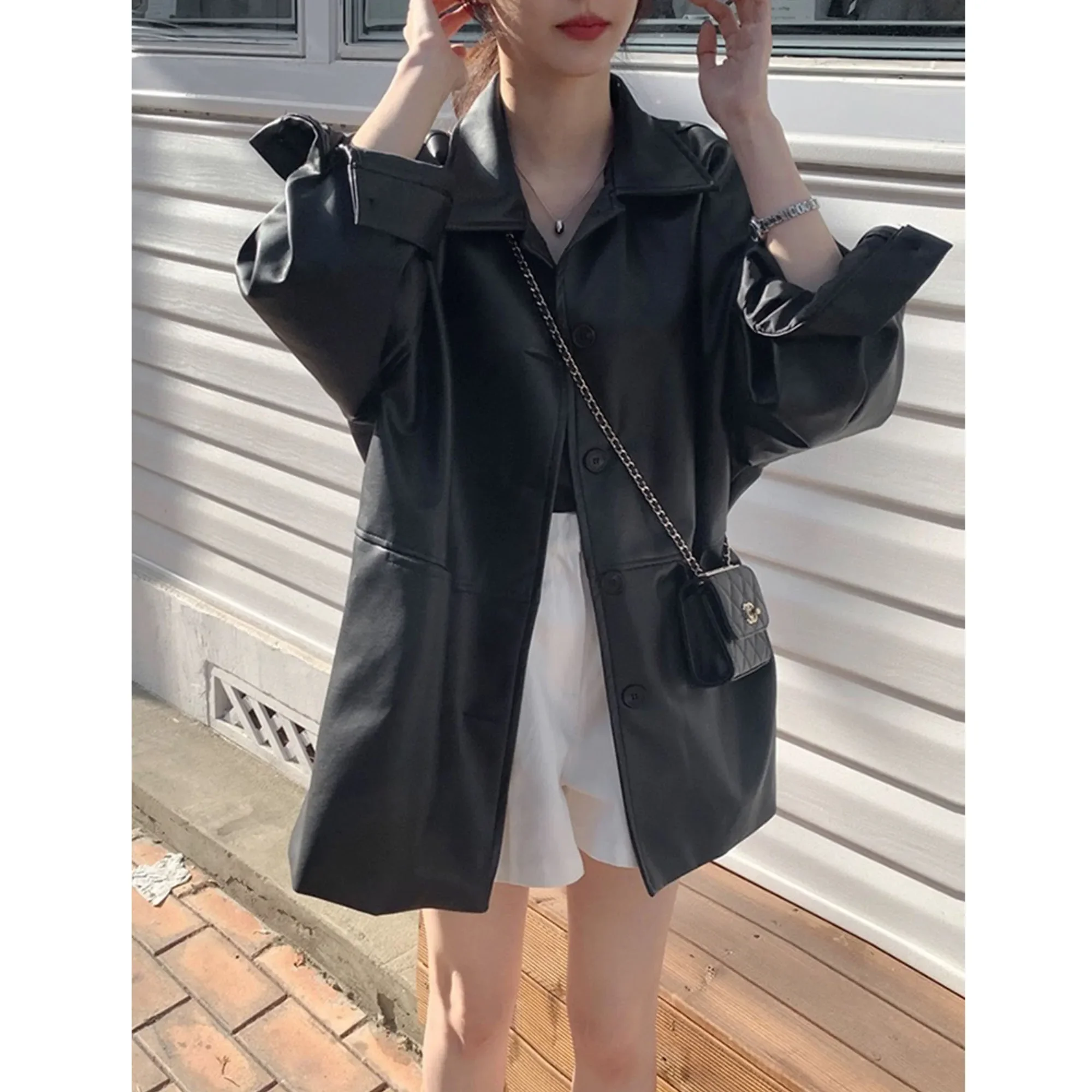 South korea Chic Summer  Handsome Lapel Single-Breasted Loose Casual All-matching Long sleeve Leather Coat Outerwear Women