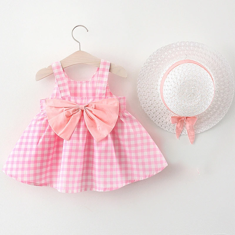 

New In Summer Baby Girl Clothes 2024 Korean Cute Bow Dot Sleeveless Cotton Princess Dress+Sunhat Toddler Dresses Sets BC007-1