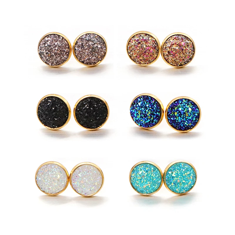 6pair/lot Glitter Round Stud Earrings Gold Color Stainless Steel Jewelry for Women Colorful Resin Druzy Drusy Ear Studs Earrings