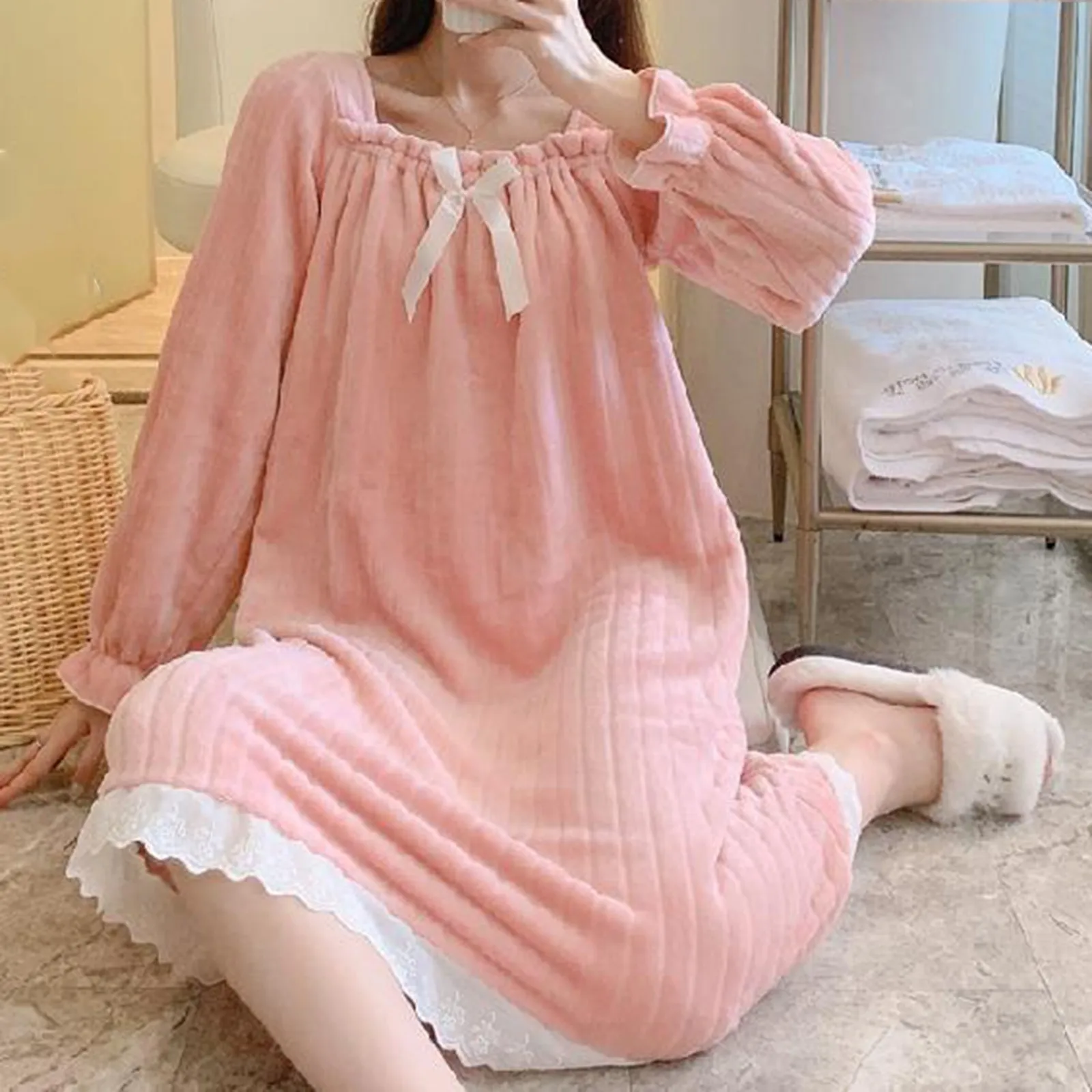 Cute Sweet Flannel Princess Sleep Dress Autumn Winter Warm Soft Long Sleeve Square Neck Nightgown Outdoors Homewear Nightdress