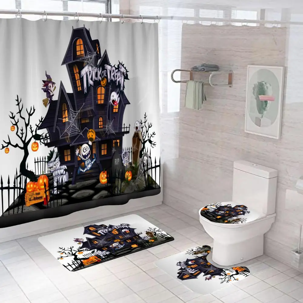 Natural Drape Shower Curtain Bedroom Decoration Spooky Halloween Castle Shower Curtain Set Waterproof Non-slip Rugs Toilet Lid